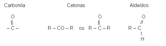Text Box: Carbonila                              Cetonas                                Aldeídos          O                                                            O                             O       ||                                                             ||                             //    – C –                     R – CO – R    ou   R – C – R             R – C                                                                                                      \                                                                                                     H