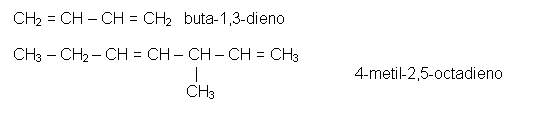 Text Box: CH2 = CH – CH = CH2    buta-1,3-dieno            CH3 – CH2 – CH = CH – CH – CH = CH3                                           |                                   4-metil-2,5-octadieno                                         CH3
