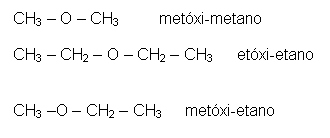 Text Box: CH3 – O – CH3 metóxi-metano CH3 – CH2 – O – CH2 – CH3 etóxi-etano CH3 –O – CH2 – CH3 metóxi-etano
