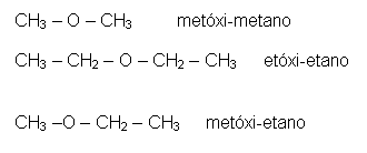 Text Box: CH3 – O – CH3         metóxi-metano    CH3 – CH2 – O – CH2 – CH3        etóxi-etano           CH3 –O – CH2 – CH3        metóxi-etano