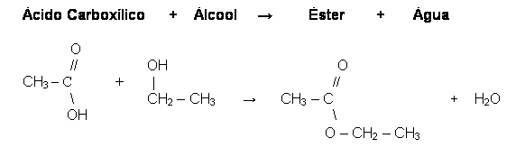 Text Box: Ácido Carboxílico      +    Álcool     ?         Éster        +       Água                O                  //                 OH                                          O  CH3 – C            +        |                                                 //              \                  CH2 – CH3       ?      CH3 – C                             +    H2O             OH                                                             \                                                                                O – CH2 – CH3