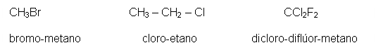Text Box: CH3Br                            CH3 – CH2 – Cl                         CCl2F2    bromo-metano                   cloro-etano                 dicloro-diflúor-metano