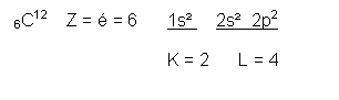 Text Box: 6C12    Z = é = 6      1s²     2s²  2p2                                   K = 2      L = 4