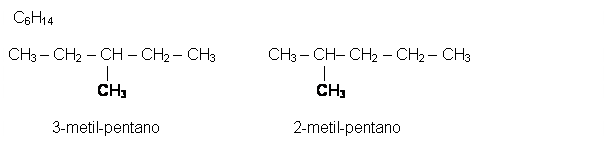 Text Box: C6H14    CH3 – CH2 – CH – CH2 – CH3                 CH3 – CH– CH2 – CH2 – CH3                        |                                                |                      CH3                                                               CH3              3-metil-pentano                             2-metil-pentano