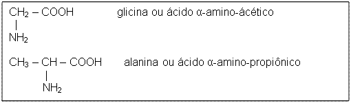 Text Box: CH2 – COOH              glicina ou ácido α-amino-ácético    |   NH2     CH3 – CH – COOH       alanina ou ácido α-amino-propiônico              |             NH2